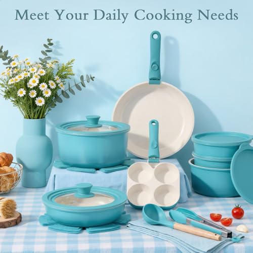 Pots and Pans Set Non Stick (Light Blue Gradient / 21PCS-Big Size)