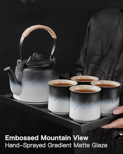 Japanese Tea Set with 4 Cups (Black/White / 33.8oz Teapot&4 of 8oz Cups)