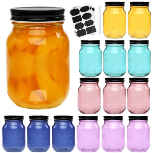 16oz Glass Jars 15 Pack With Lids (16oz - Colorful Lid)