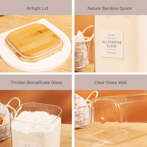 2 Pack large Square Glass Flour and Sugar Containers with 132 Kitchen Pantry Labels