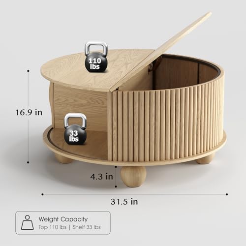 Round Coffee Table with Storage for Living Room (Oak)