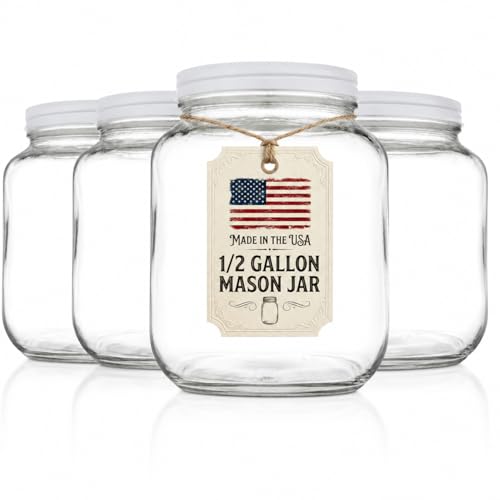 4 Pack 64 oz Mason Jars Wide Mouth (White Lid / 0.5 Gallon)