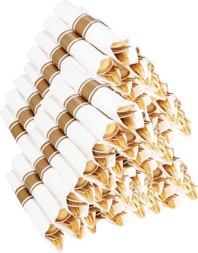 400PCS Gold Wrapped Silverware Set Disposable Hammered for Weddings (Gold - Hammered)