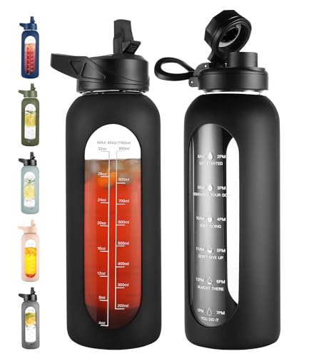 40 oz Glass Water Bottle with Straw (Black / 40 Ounces)