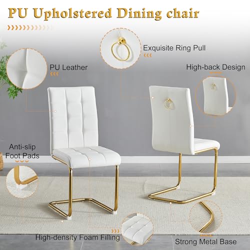 5 Piece Round Glass Dining Table Set (Round Table - 4 Gold White Chairs)
