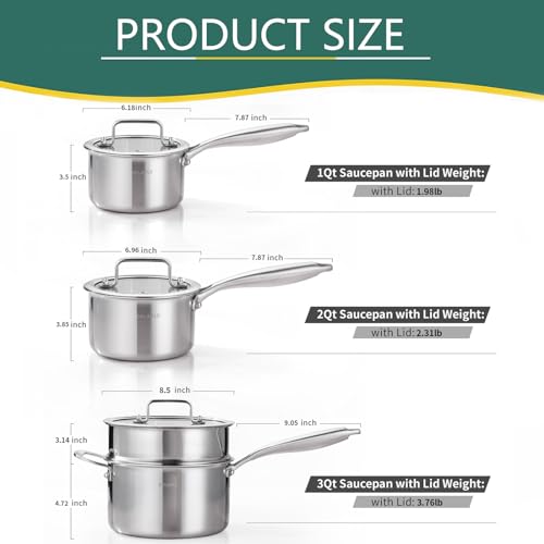 Tri Ply Stainless Steel Saucepan 1QT 2QT 3.5QT Kitchen Pot Set (Silver)