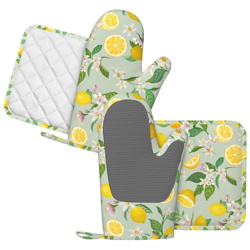 Lemon Oven Mitts Pot Holders Set Silicone Lemon Paper Yellow Citrus Fruit Lemons Kitchen Oven Mitts Heat Resistant Potholders Non (Lemon Yellow)