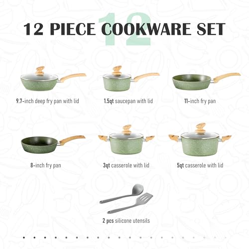Pots and Pans Set Non Stick (12-piece / Green)