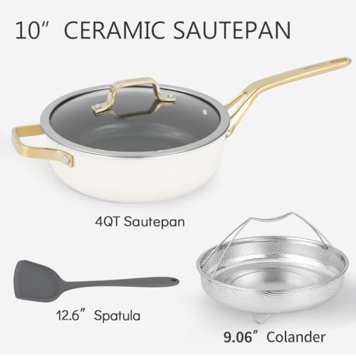 10-in-1 White Ceramic Nonstick Deep Saute Pan Set With Steamer & Lid, 4QT (White)