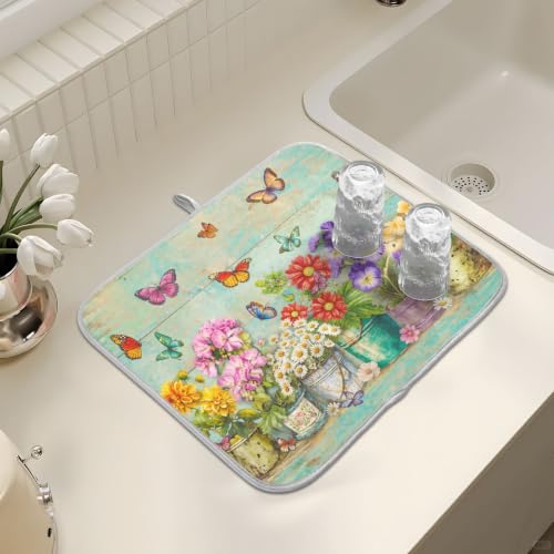 Spring Floral Butterfly Rustic Dish Drying Mat for Kitchen Counter Absorbent Microfiber Large Drying Pad Dish mats for Kitchen Countertops 18 x 24 Inch (Spring Floral / 24" x 18")