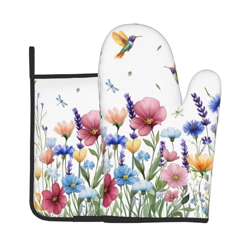 Spring Floral Oven Mitts and Pot Holder 2Pcs Hummingbird Flower Heat Resistant Kitchen Glove Washable Potholder for Baking Cooking Grilling (Hummingbird Flower)