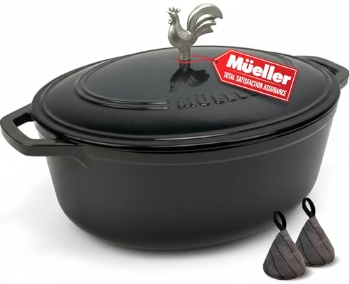 MUELLER HOME 5.5 Quart Enameled Cast Iron Oval Dutch Oven with Rooster Knob & Cotton Potholders (5.5 Quart -Oval / Black)