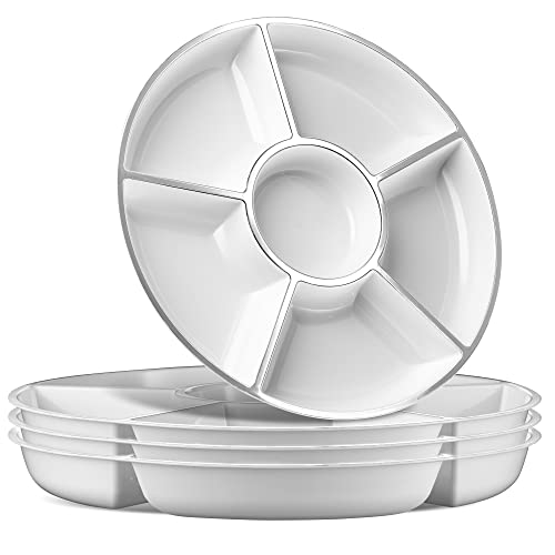 6 Sectional Round Plastic Serving Tray (White & Silver)