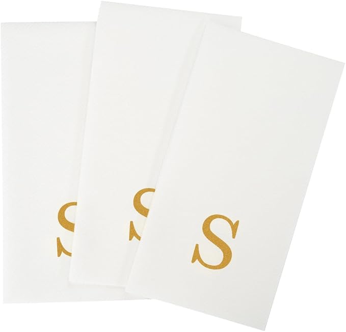 Luxenap 15.8 X 7.9 Inch Linen-Feel Guest Towels, 50 Lettered Hand Towels - Gold Letter 'S', Sans Serif Font, White Paper Dinner Napkins, airlaid, For Restrooms And Tables