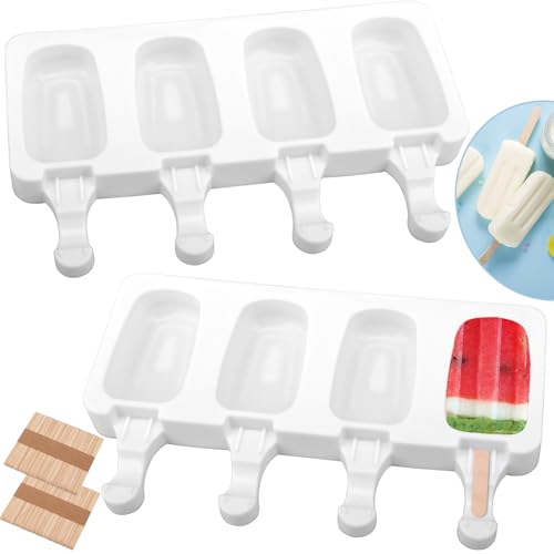 2 Set Silicone Popsicle Molds 4 Cavities Ice Cream Oval Cake Molds with 100 Sticks (2 Set / White)