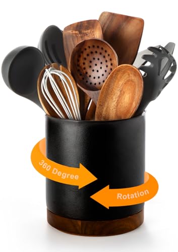 Ceramic Rotating Kitchen Utensil Holder for Countertop (Stone Black)