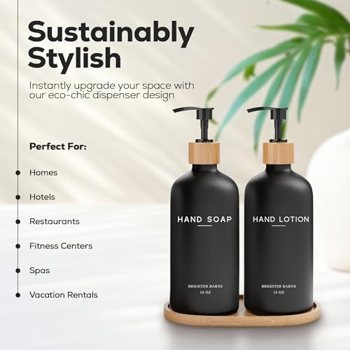 Black Glass Soap and Lotion Dispenser Set with Tray by Brighter Barns (Black Sl)