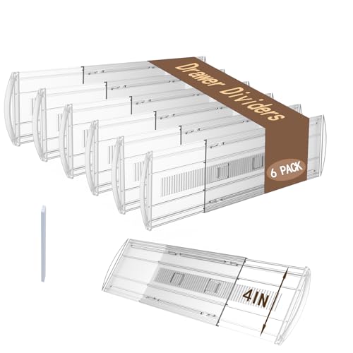 6 Pack Adjustable Drawer Dividers for Clothes (6 PCS-T2-Clear-4 IN)