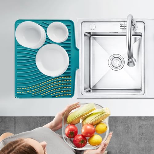 Silicone Dish Drying Mat for Kitchen Counter (Green-1pc / 16" x 12")
