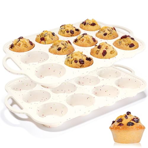 Silicone Muffin Pans for Baking with Metal Framed (Creamy Confetti / 12-Cup Regular)