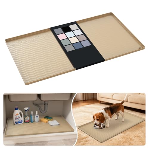Waterproof Silicone Under Sink Mat 34'' x 19'' Shelf Liner for Kitchen and Bathroom (Khaki / 19"W x 34"L)