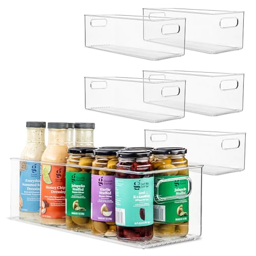 Plastic Food Storage 6 Pack Clear Container Bin with Handles for Organizing Kitchen (16x6x5)