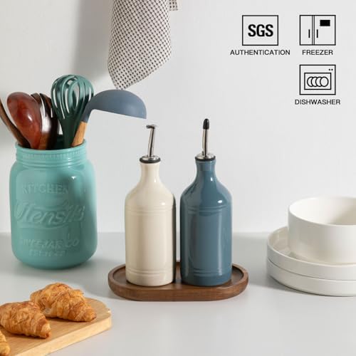 Sweejar Ceramic Olive Oil Dispenser Bottle Set (15.5 oz, Set of 2 / BeigeFogblue)