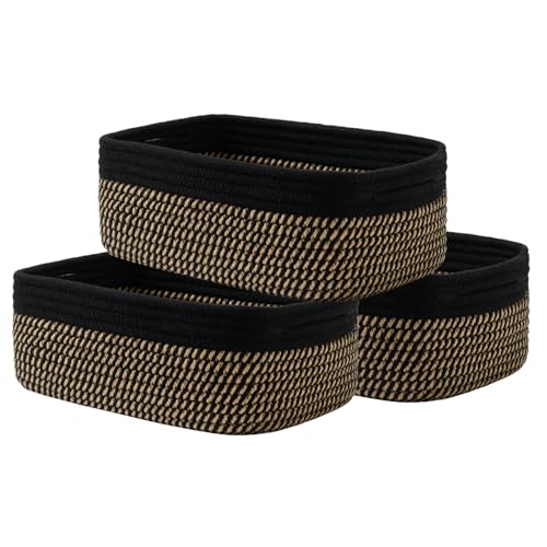 Small Woven Storage Basket for Organizing (Black & Brown / 12"L x 8"W x 4.5"H)