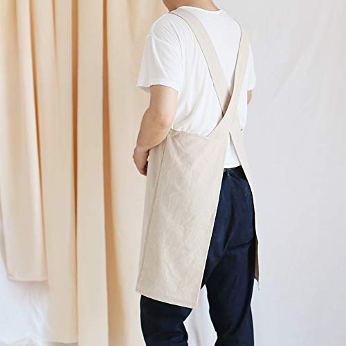 Japanese Linen Cross Back Kitchen Cooking Aprons for Men with Pockets for Baking Painting Gardening Cleaning Khaki