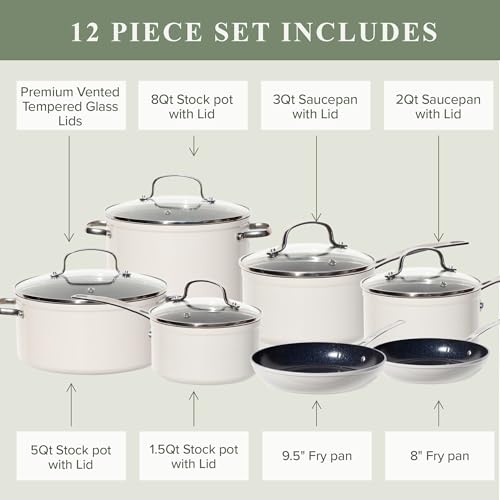 Healthy Duralon Blue Ceramic Nonstick Cookware Set (Vanilla Cream / 12pc Cookware Set / Cookware Set)