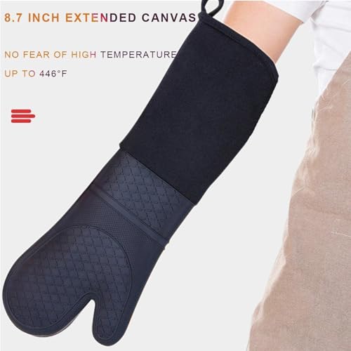 Extra Long Silicone Oven Mitts Heavy Duty Commercial Grade Oven Mitts Heat Resistant BBQ Gloves with Quilted Cotton Lining 2 Pack