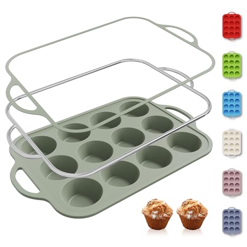 12 Cups Silicone Muffin Pan with Metal Reinforced Frame Cupcake Pan Tray Egg Molds Parents Stepdad Pawpaw Who Want Nothing Everything Future Groom Bride Law Christmas Xmas Happy Birthday Gifts Ideal (1pc: 12-Cup Regular / Morandi Green)