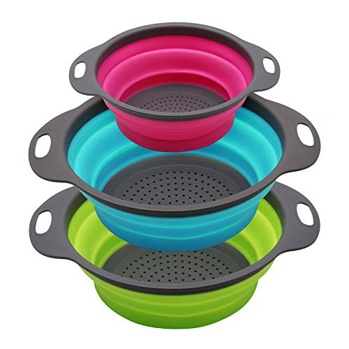 Collapsible Colander Set of 3 Round Silicone Kitchen Strainer Set (Multicolor)