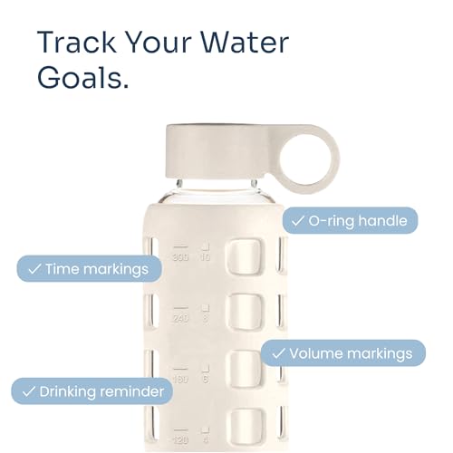 40oz / 32oz / 22oz / 12oz Borosilicate Glass Water Bottle with Time & Volume Markers, Silicone Sleeve, Stainless Steel Lid | Reusable Glass Bottle for Water & Juice (12oz Pearled Ivory) (Pearled Ivory (1 Count) / 12 Ounces)