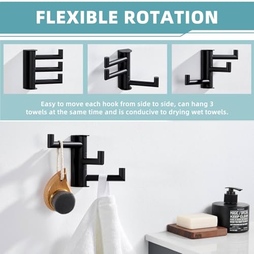 Swivel Towel Hook with 3 Arms (1 Pack / Matte Black)