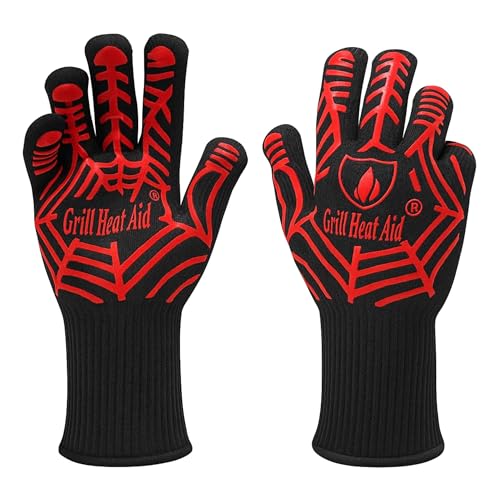 Grill Gloves Heat Proof for Men Grilling BBQ Heat Resistant Gloves (Black & Red / Mid Cuff - Medium Palm)