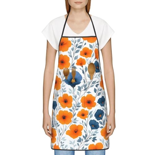 Burnt Orange and Blue Floral Waterproof Kitchen Aprons Polyester Chef Bib Apron with Pockets for Women Men