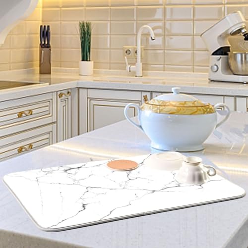 White Grey Marble Dish Drying Mat for Kitchen Counter Absorbent Microfiber Drying Pad (18" x 18")