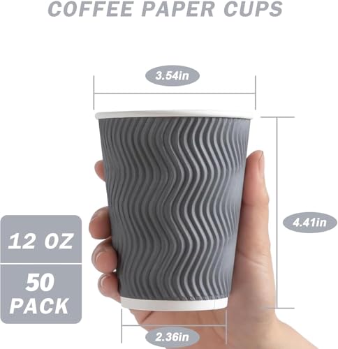 50 Pack 12 oz Coffee Cups Disposable Insulated Paper Cup Gray (Gray / 12 oz-50)