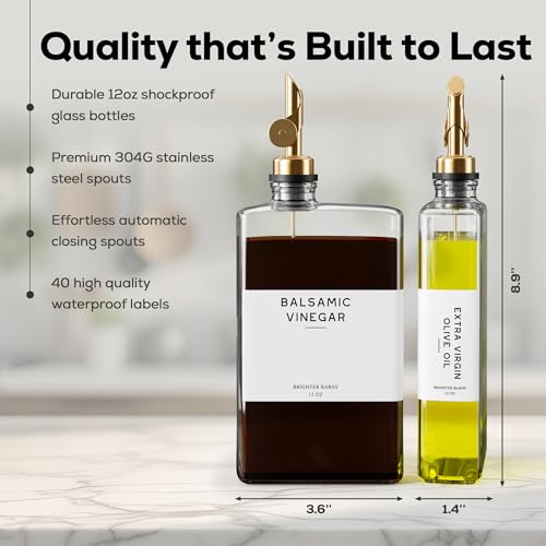 Glass Olive Oil Dispenser Bottle for Kitchen by Brighter Barns (Clear/Gold)