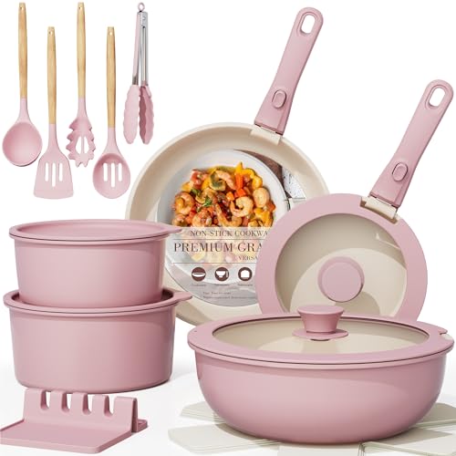21 Pcs Pots and Pans Set Non Stick (Pink / 21 Piece)