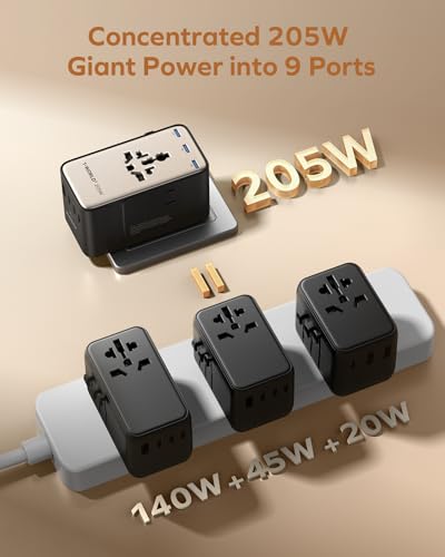 9-in-1 High-Power Universal Travel Adapter, 205W GaN Worldwide Charging Hub with 6 USB-C & 1 USB-A, AC Outlet, Type A/C/G/I Plugs for 200+ Countries, Safe for Laptops, Phones, Cruise Ready (205 W)