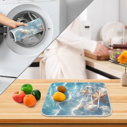 Starfish and Seashell on The Summer Beach Dish Drying Mat for Kitchen Counter Absorbent Microfiber Large Drying Pad Dish Mats for Kitchen Countertops 18 x 24 Inch (24" x 18")