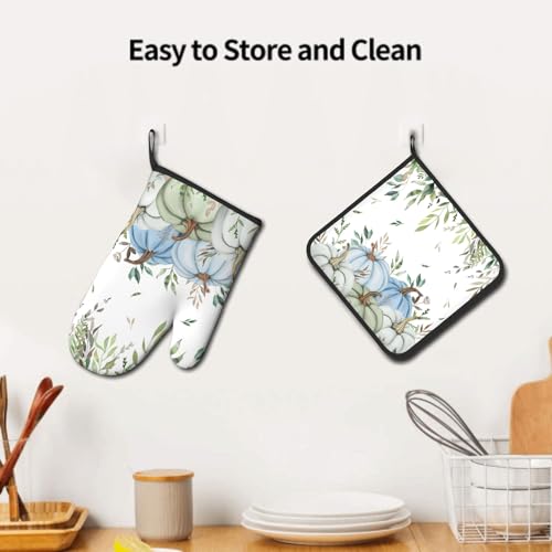 Fall Blue Pumpkin Oven Mitts and Pot Holder Set of 2 Autumn Harvest Heat Resistant Kitchen Oven Gloves Hot Pads for Baking Cooking Grilling (Fall Blue Pumpkin)