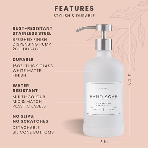 Hand and Dish Soap Dispenser for Kitchen and Bathroom (Matte White Bottle / Brushed Silver Pump)