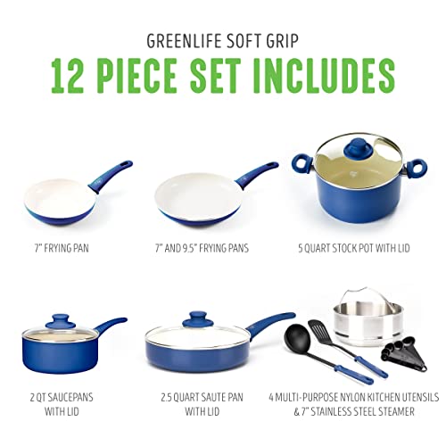 Soft Grip Healthy Ceramic Nonstick 12 Piece Cookware Pots and Pans Set (12 Piece Cookware Set / Blue)