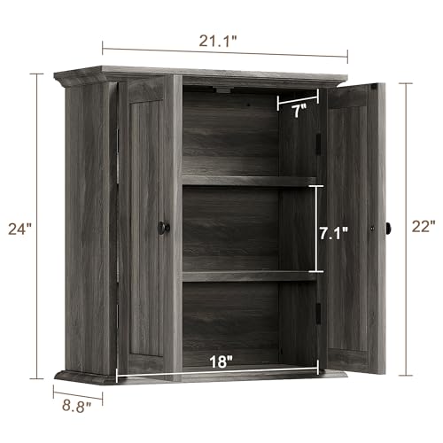 Bathroom Wall Cabinet with 2 Doors (Retro Grey / 8.8"D x 21.1"W x 24"H)