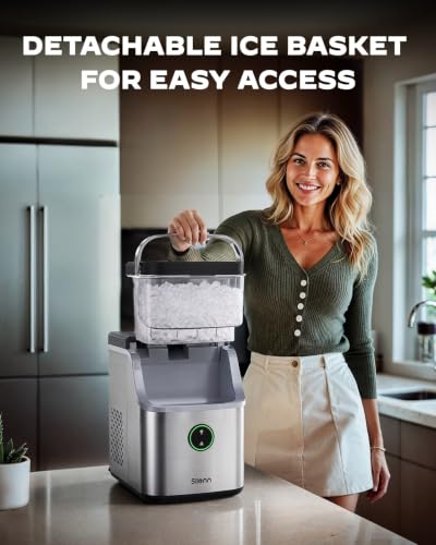 Nugget Ice Maker Countertop with Detachable Basket and Handle (Stainless Steel-Detachable / 33 lbs)
