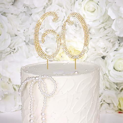 Gold 60th Birthday Cake Topper Rhinestones Cake Decorations for 60th Birthday Party (60th- Gold)