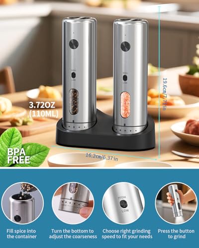 Electric Salt and Pepper Grinder Set with Rechargeable Base Upgraded Stainless Steel Automatic Salt and Pepper Shakers with 2 Grinding Speeds (External Adjustment Silver)